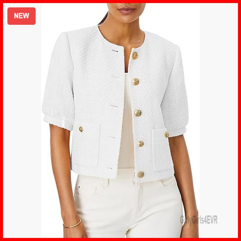 Cropped Tweed Blazer With Puff Sleeves For Office And Casual Wear